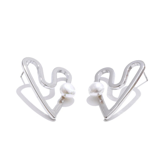Heart hollow stud simulated pearl earrings - product image