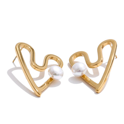 Heart hollow stud simulated pearl earrings - product image