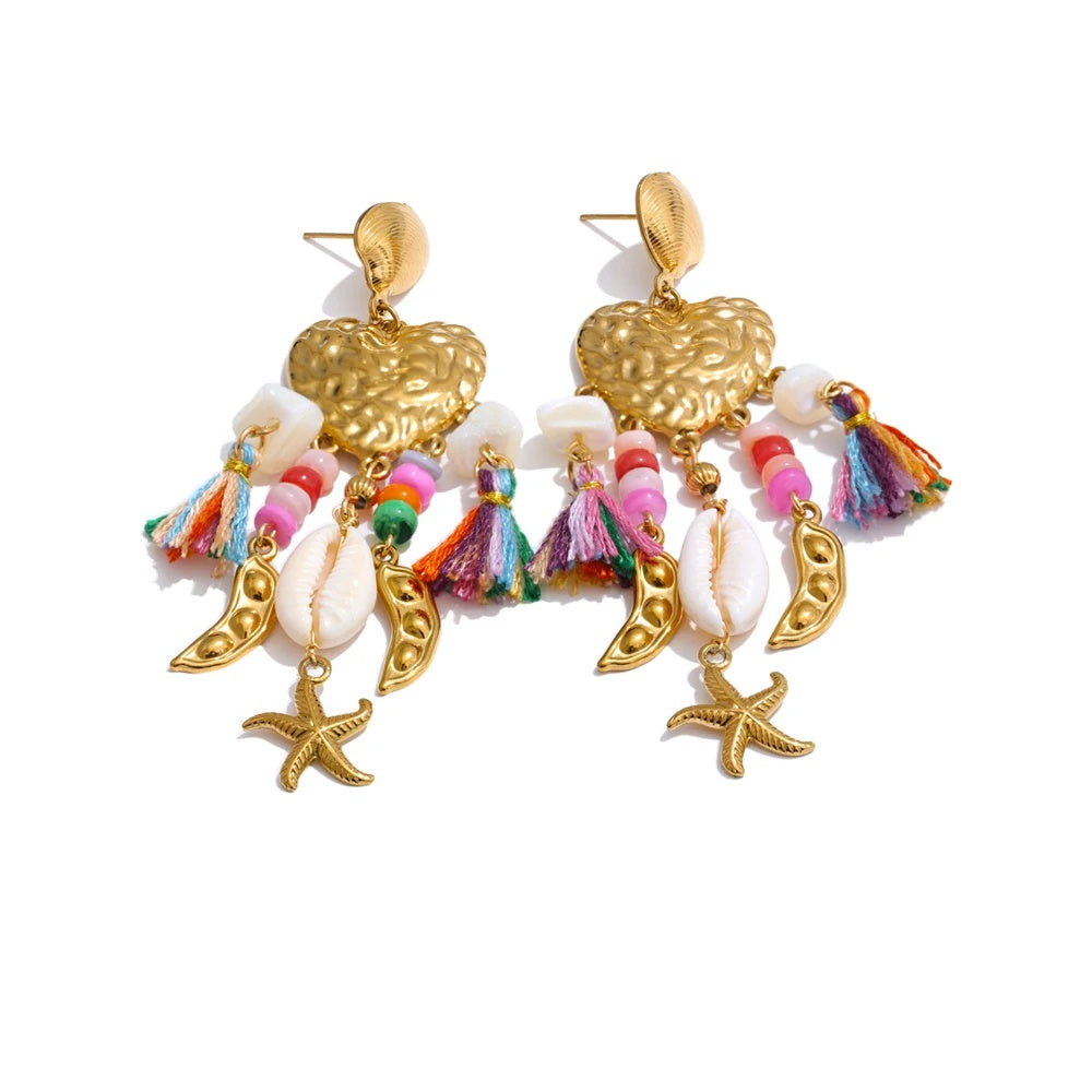 Heart seashell starfish tassel drop dangle earrings - product image