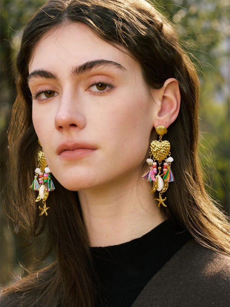 Heart seashell starfish tassel drop dangle earrings - product image