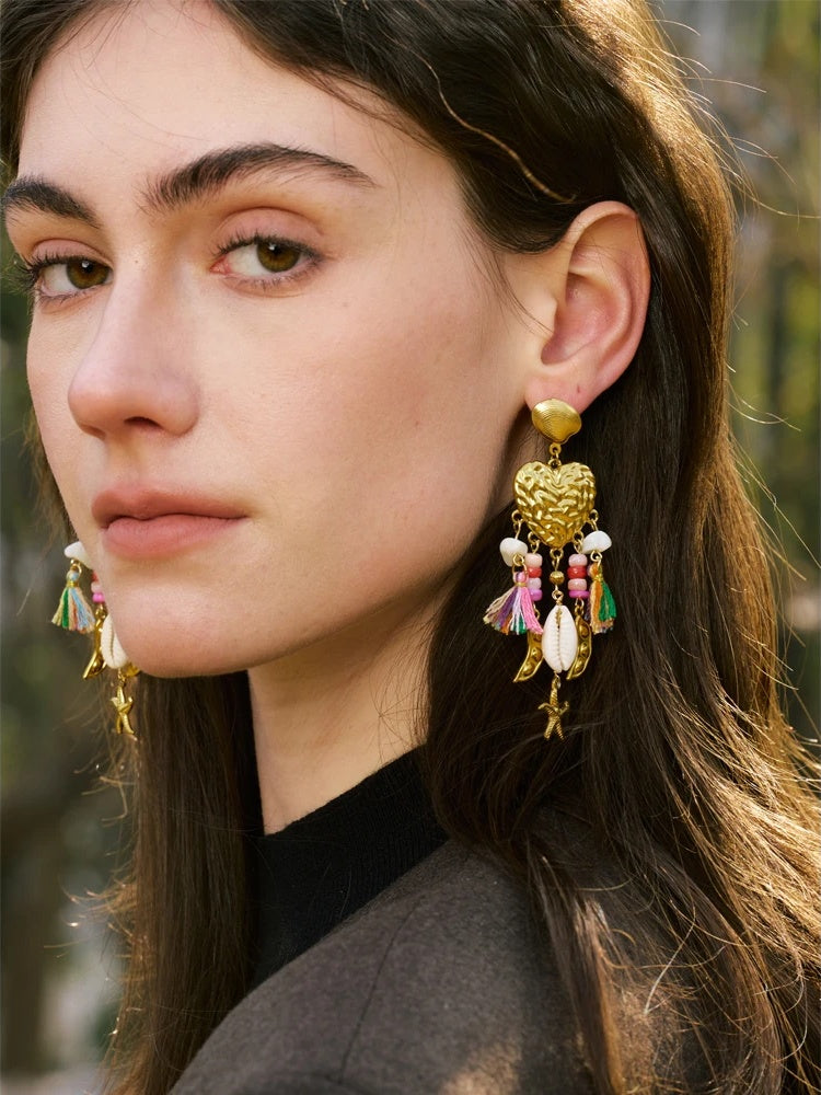 Heart seashell starfish tassel drop dangle earrings - product image
