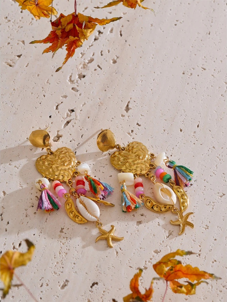 Heart seashell starfish tassel drop dangle earrings - product image