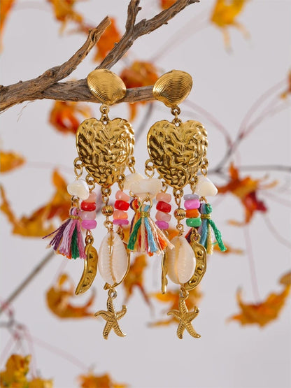 Heart seashell starfish tassel drop dangle earrings - product image