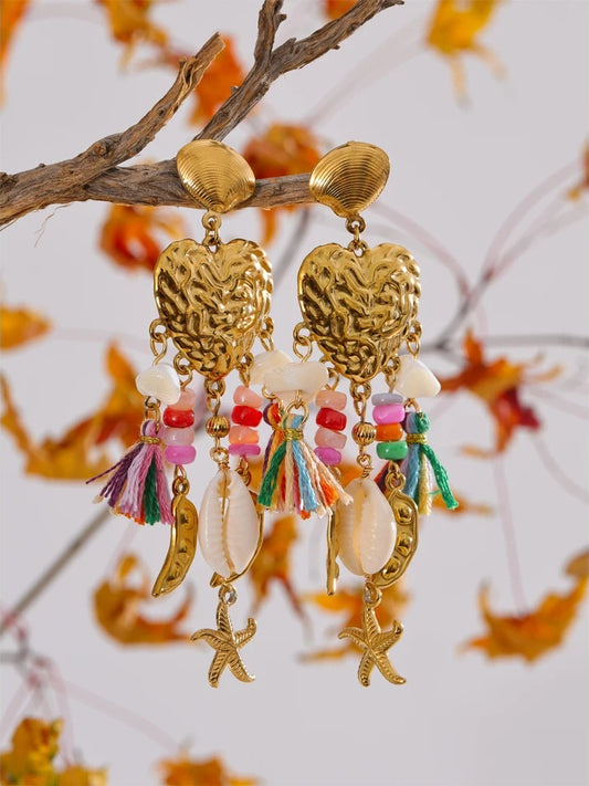 Heart seashell starfish tassel drop dangle earrings - product image