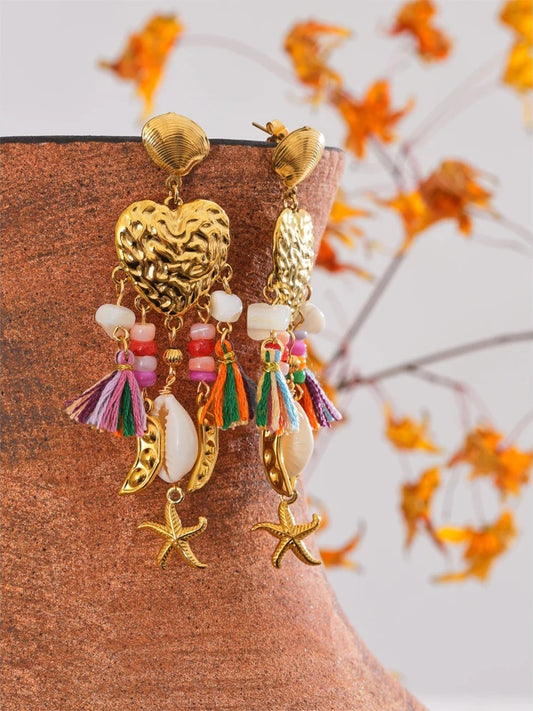 Heart seashell starfish tassel drop dangle earrings - product image