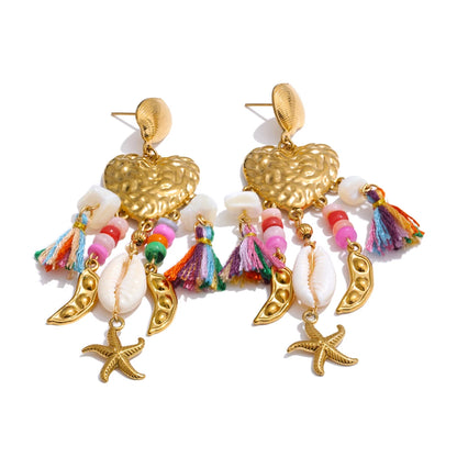 Heart seashell starfish tassel drop dangle earrings - product image