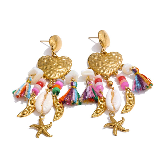 Heart seashell starfish tassel drop dangle earrings - product image