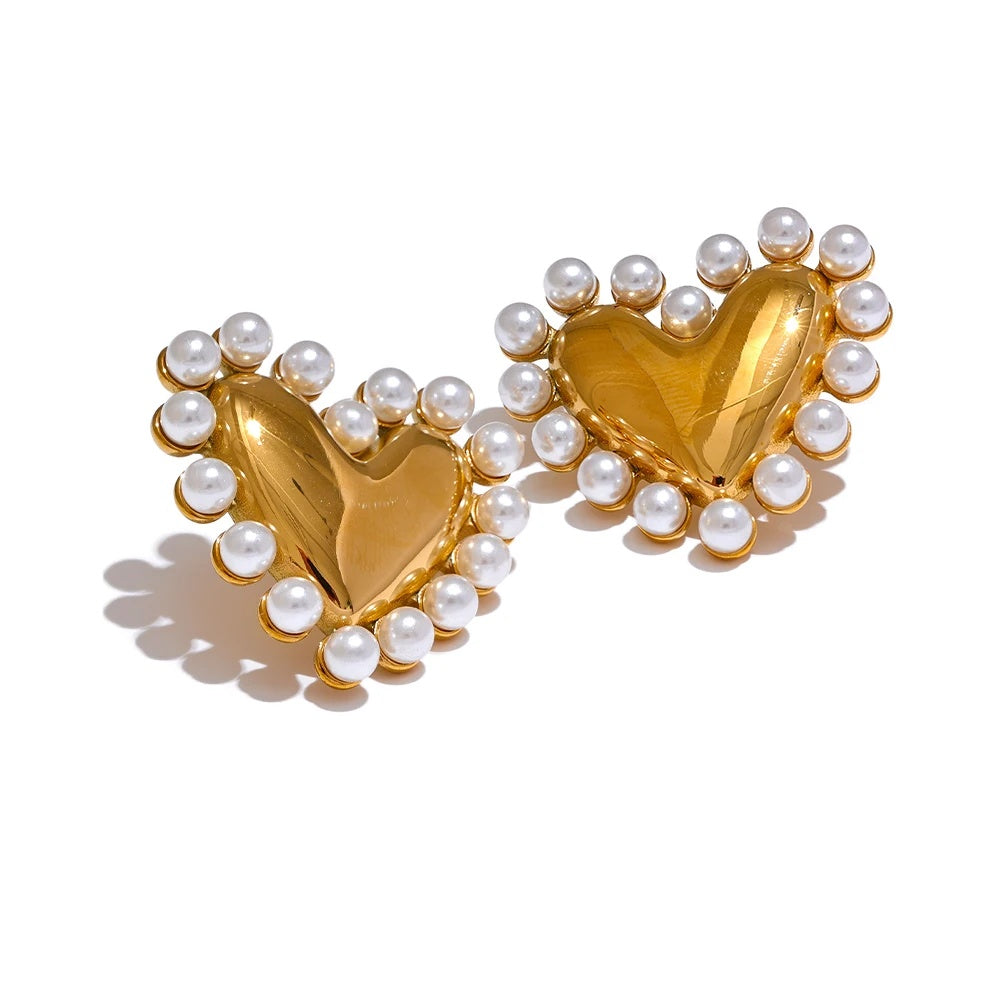 Heart simulated pearl push-back stud earrings - product image