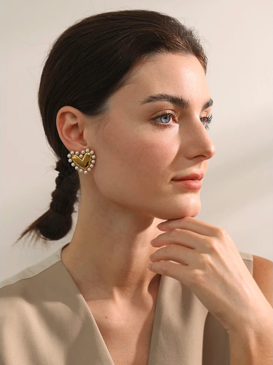 Heart simulated pearl push-back stud earrings - product image