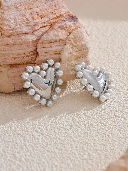 Heart simulated pearl push-back stud earrings - product image