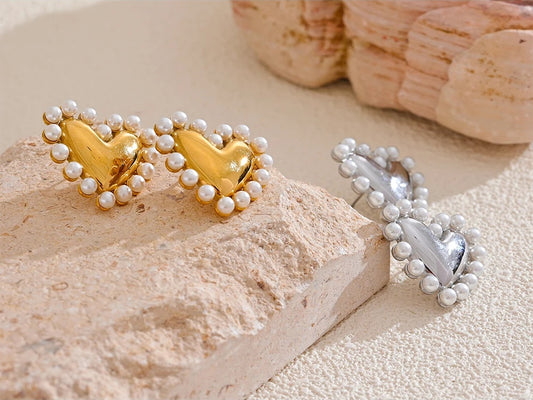 Heart simulated pearl push-back stud earrings - product image