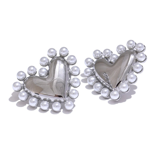 Heart simulated pearl push-back stud earrings - product image