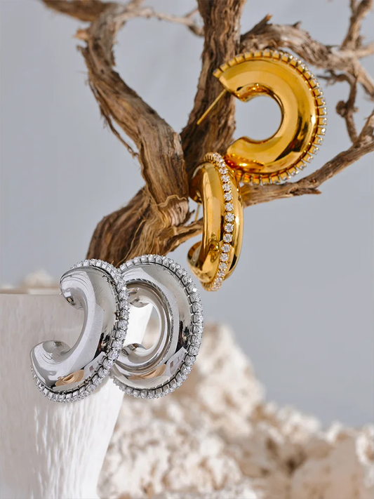 Hollow cubic zirconia abstract c shape earrings - product image