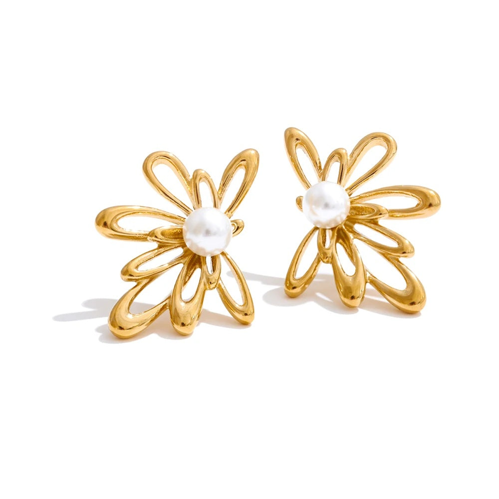 Hollow flower imitation pearls stud earrings - product image