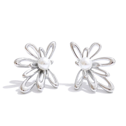 Hollow flower imitation pearls stud earrings - product image