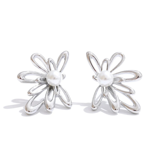 Hollow flower imitation pearls stud earrings - product image