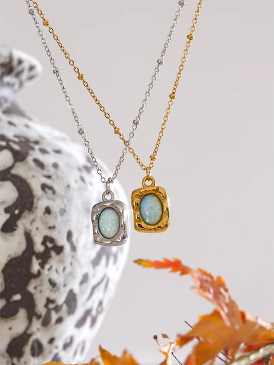 Imitation australian opal rectangle pendant necklace - product image