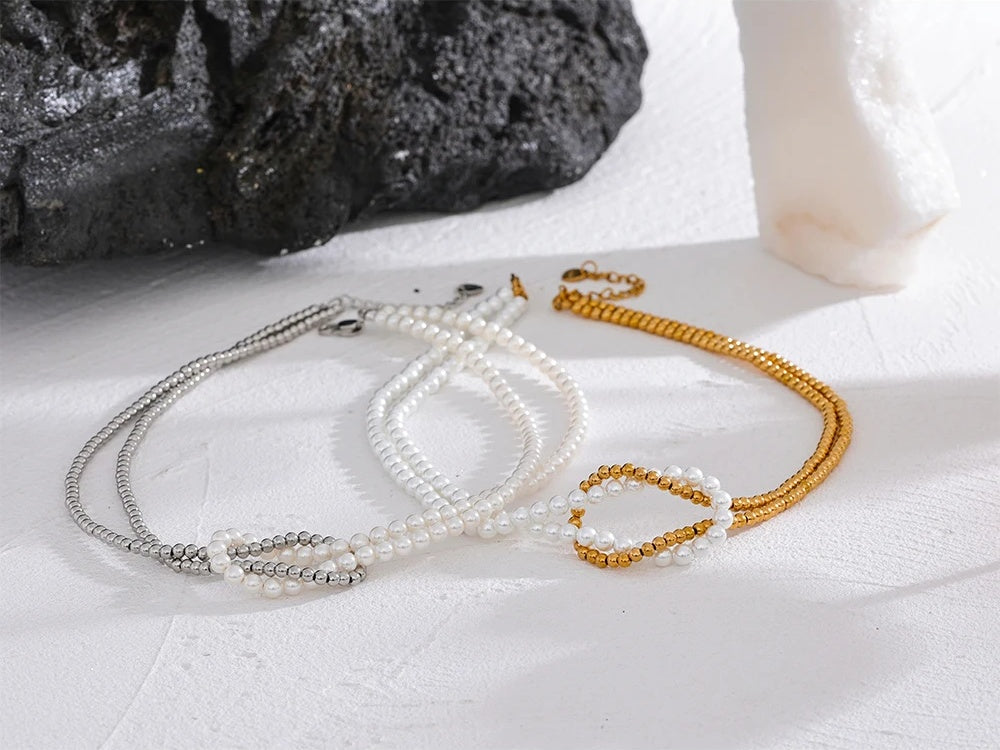 Imitation pearl beaded chain knot necklace - product image