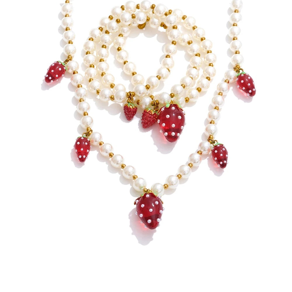 Imitation pearl fruit strawberry necklace bracelet set - product image