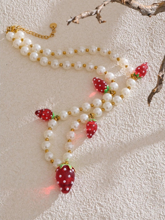 Imitation pearl fruit strawberry necklace bracelet set - product image