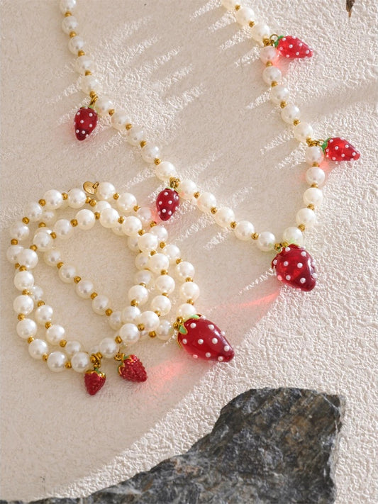 Imitation pearl fruit strawberry necklace bracelet set - product image