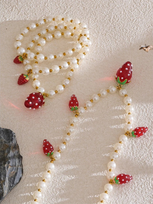 Imitation pearl fruit strawberry necklace bracelet set - product image