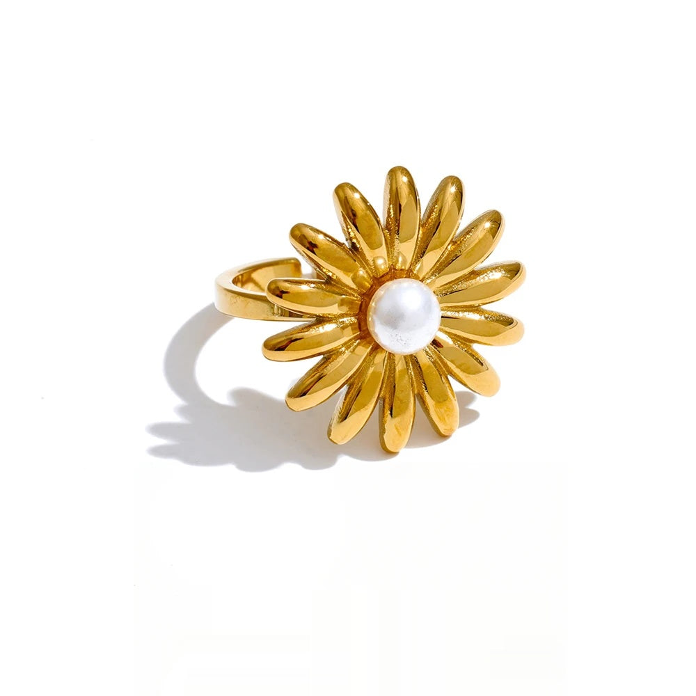 Imitation pearl sunflower adjustable ring - product image