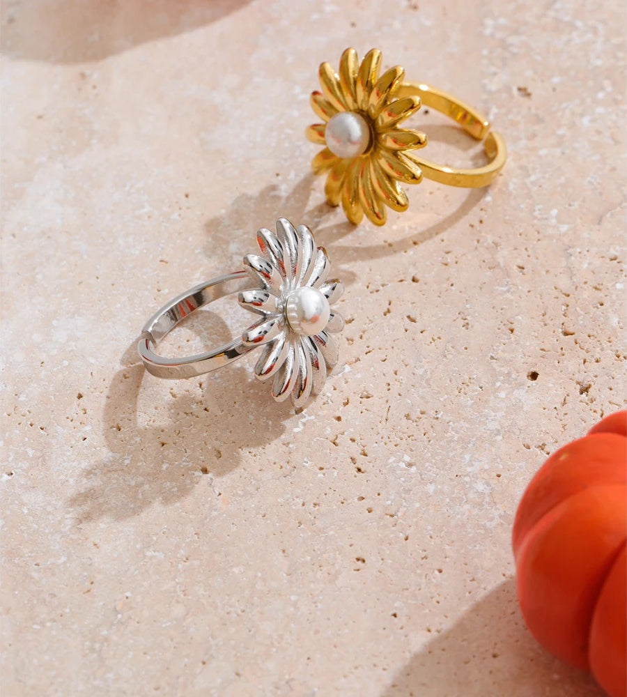 Imitation pearl sunflower adjustable ring - product image