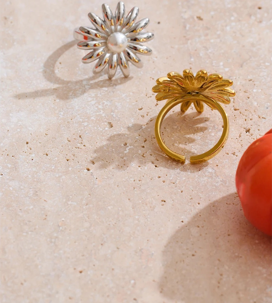 Imitation pearl sunflower adjustable ring - product image