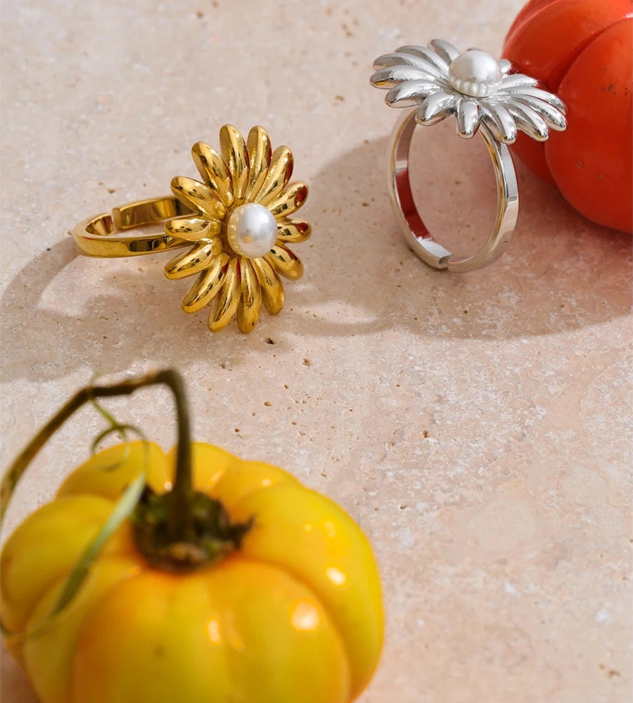 Imitation pearl sunflower adjustable ring - product image