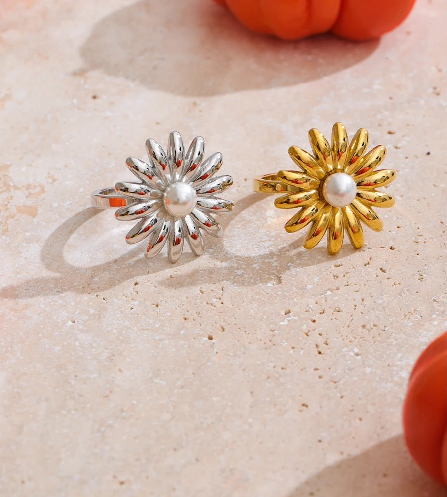 Imitation pearl sunflower adjustable ring - product image