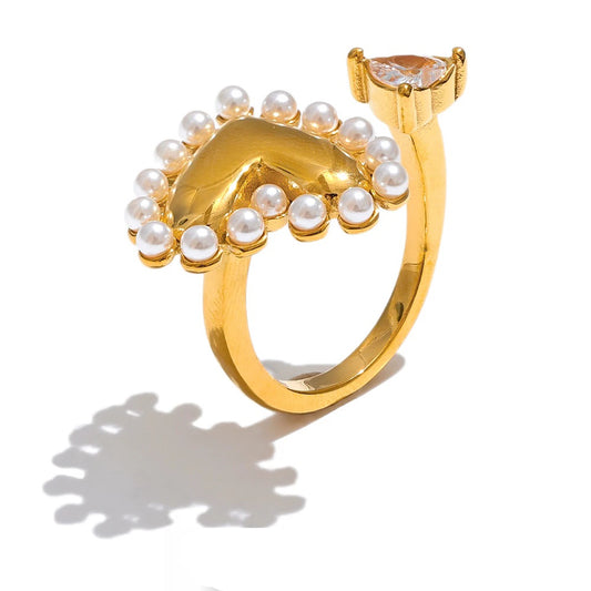 Imitation pearls cz heart open ring - product image