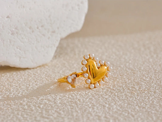 Imitation pearls cz heart open ring - product image