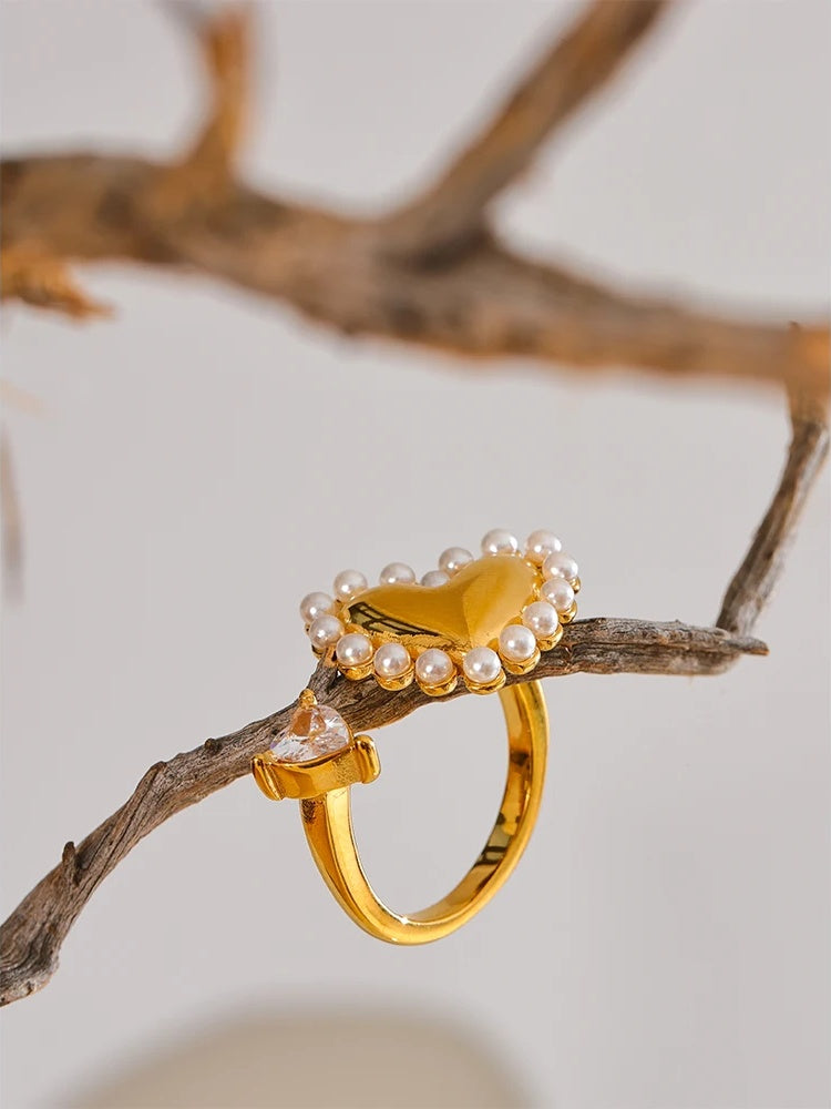 Imitation pearls cz heart open ring - product image