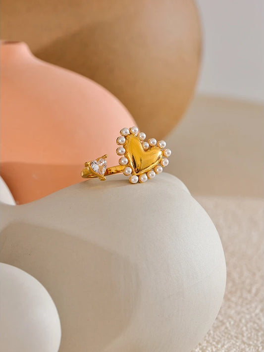 Imitation pearls cz heart open ring - product image