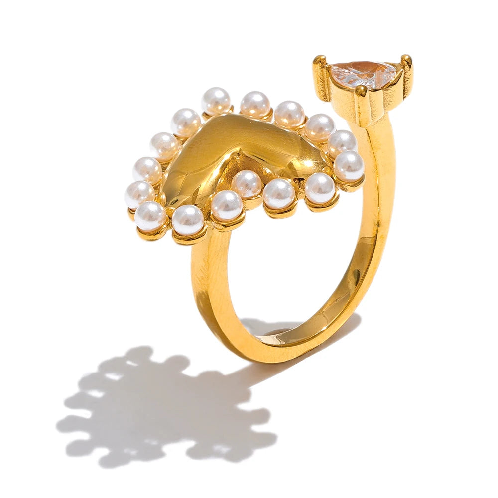 Imitation pearls cz heart open ring - product image