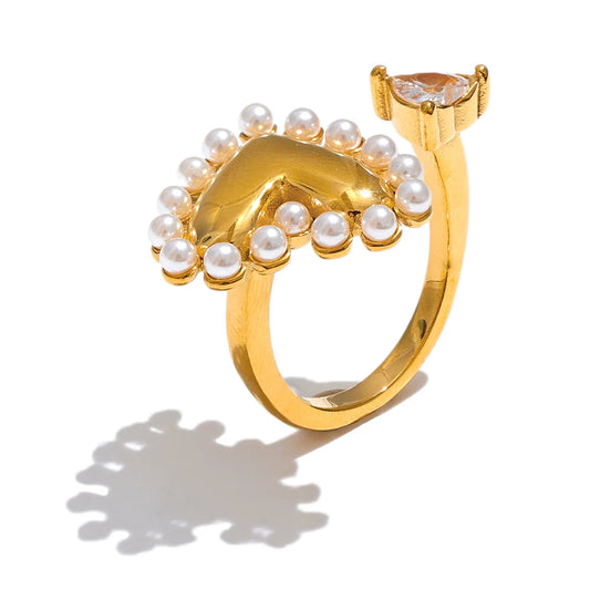 Imitation pearls cz heart open ring - product image