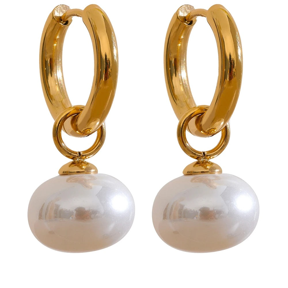 Imitation pearls drop golden korean hoop earrings - product image