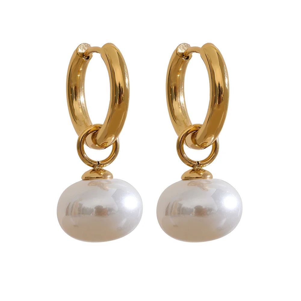 Imitation pearls drop golden korean hoop earrings - product image
