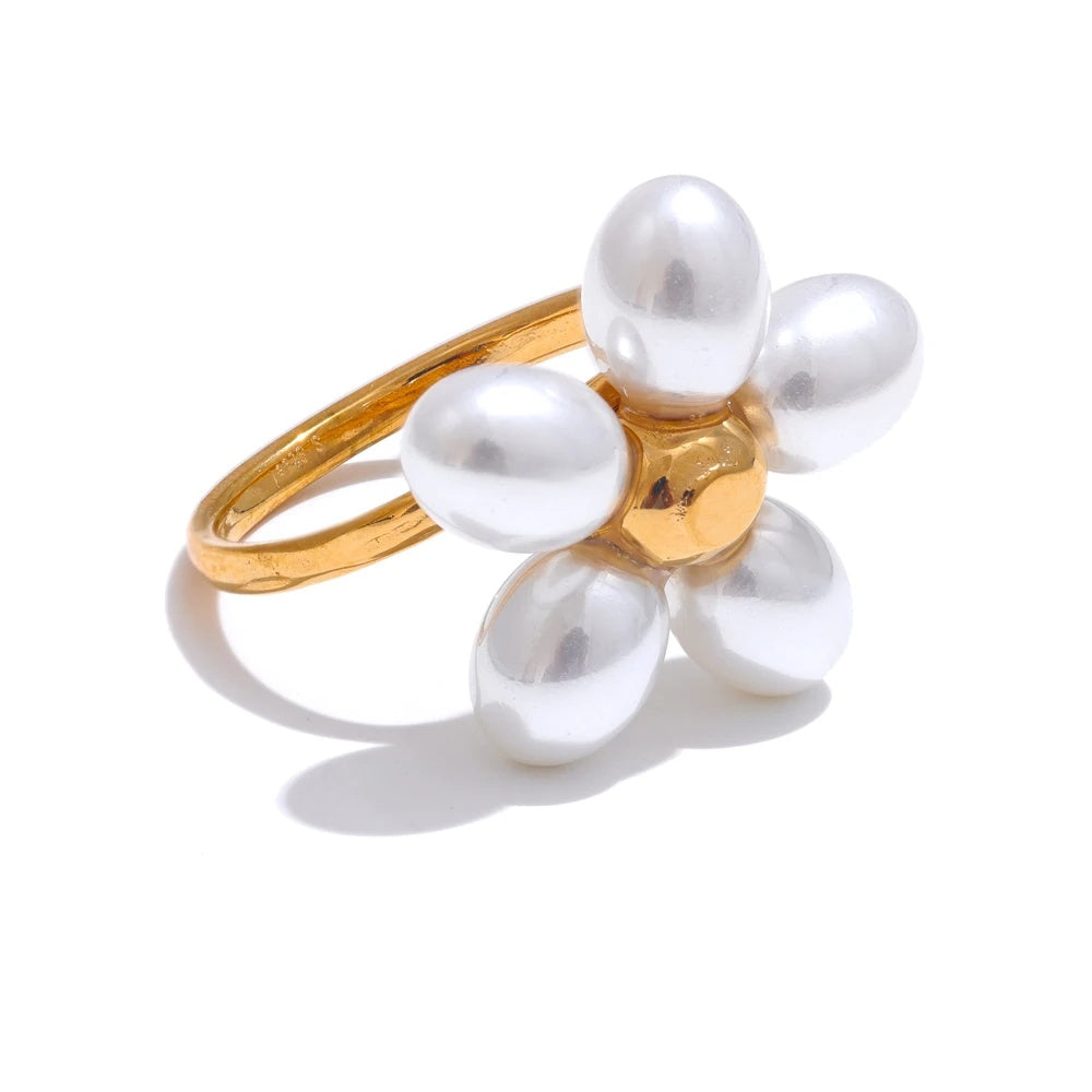 Imitation pearls flower adjustable chic ring - product image