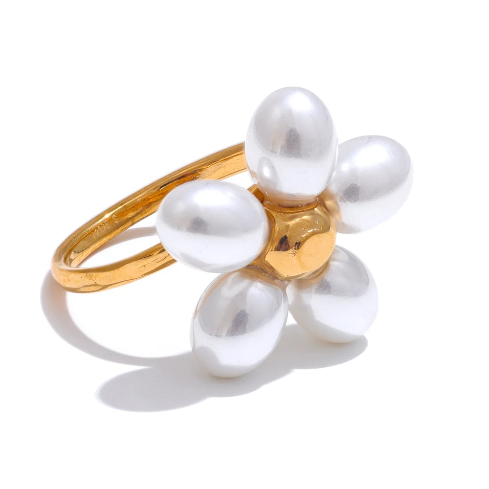 Imitation pearls flower adjustable chic ring - product image