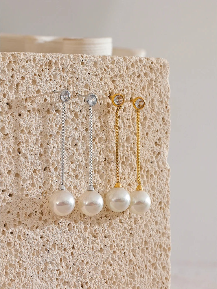 Imitation pearls long chain dangle earrings - product image
