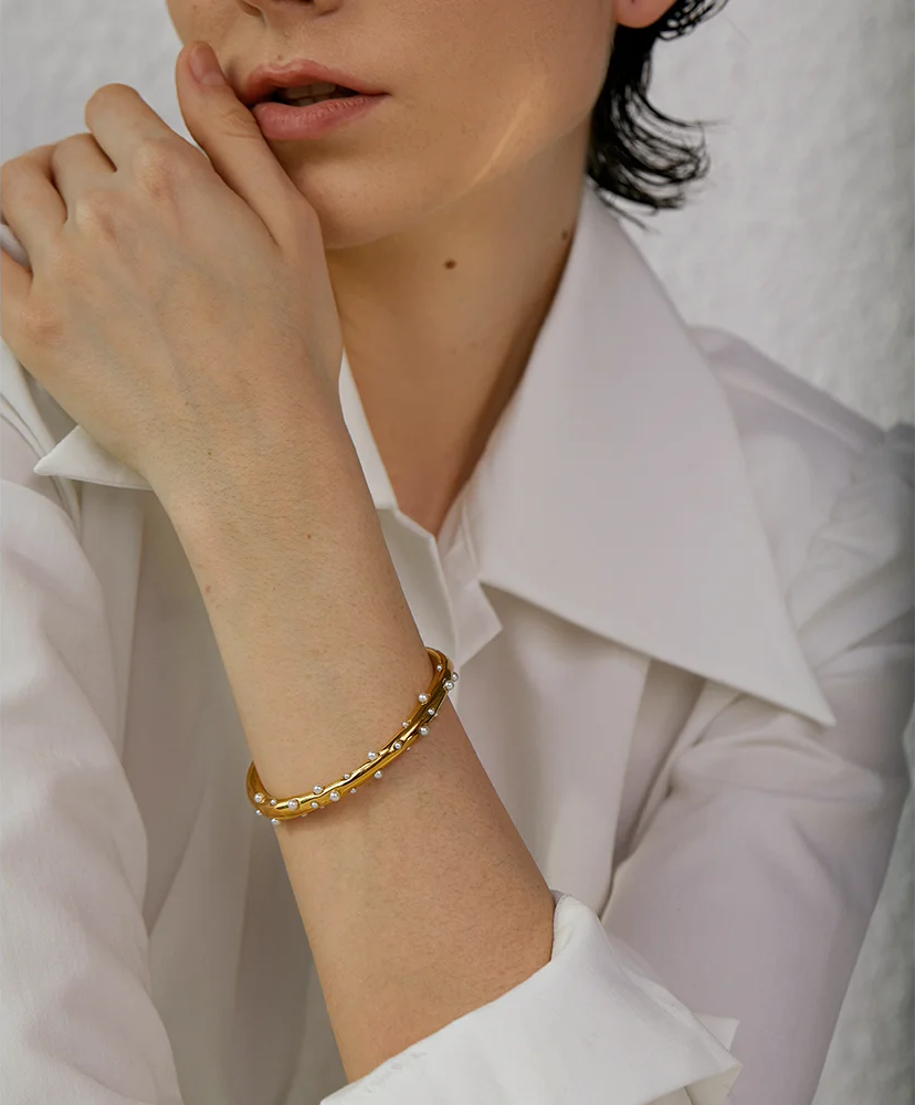 Imitation pearls open cuff minimalist bracelet bangle - product image