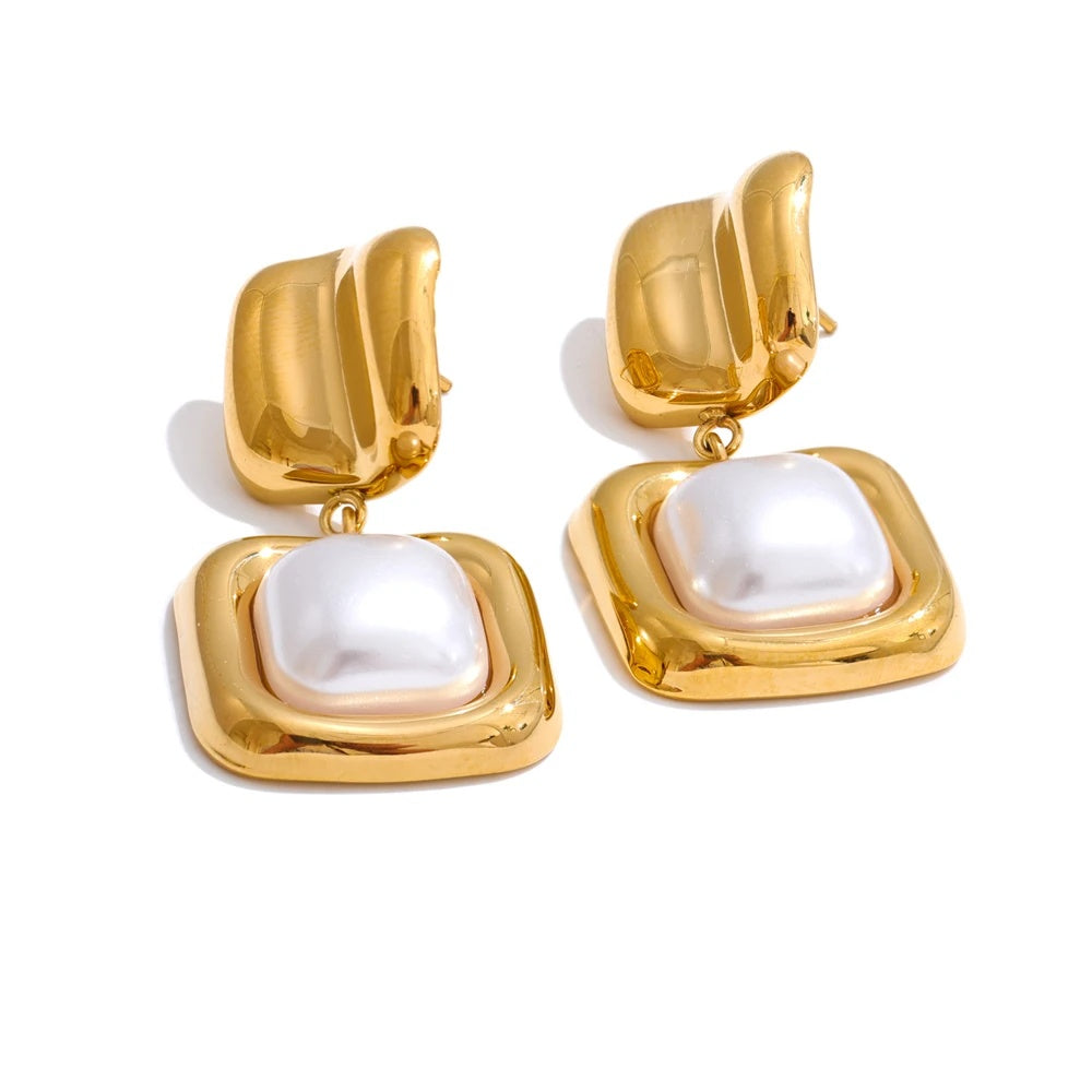Imitation pearls square minimalist drop earrings - product image