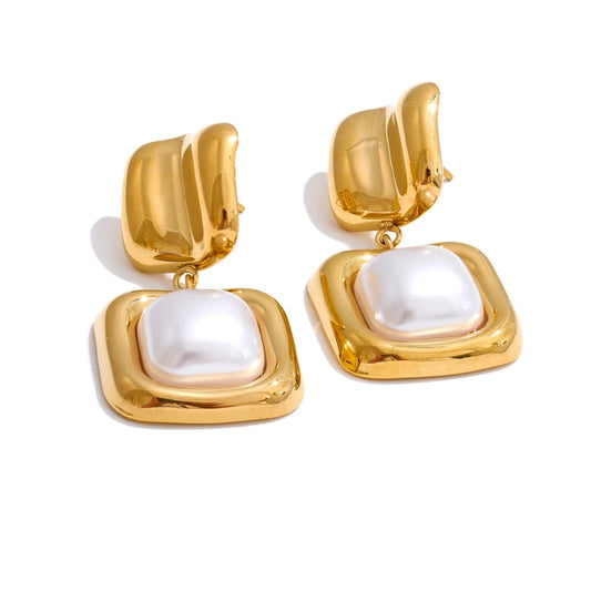 Imitation pearls square minimalist drop earrings - product image