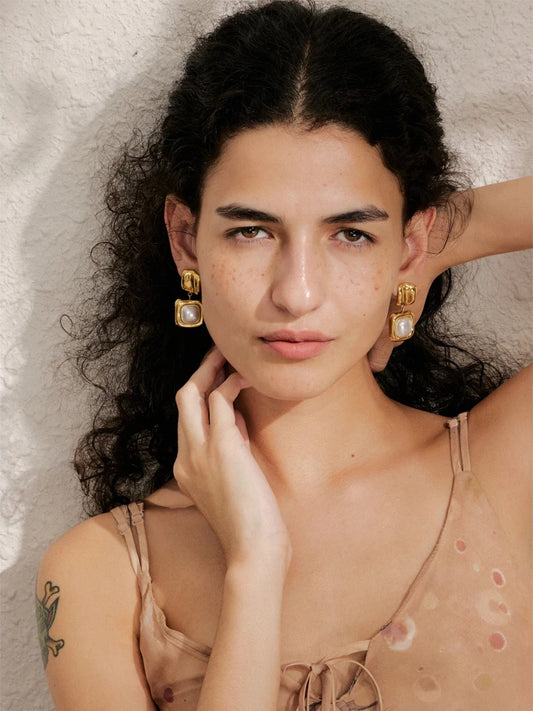 Imitation pearls square minimalist drop earrings - product image