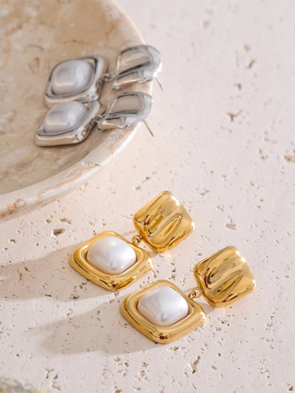 Imitation pearls square minimalist drop earrings - product image