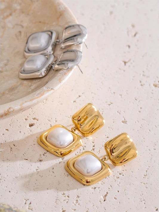 Imitation pearls square minimalist drop earrings - product image
