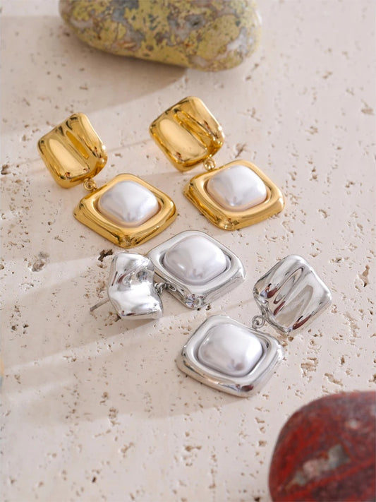 Imitation pearls square minimalist drop earrings - product image