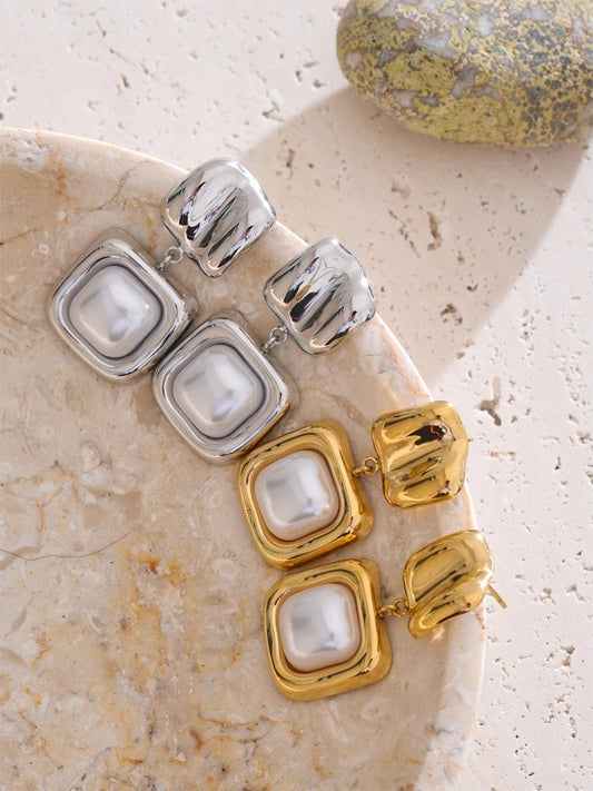 Imitation pearls square minimalist drop earrings - product image